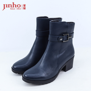 金猴皮鞋女鞋棉鞋粗跟防滑高筒鞋