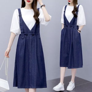 夏季新款时尚大码女装牛仔背带裙套装收腰显瘦泡泡袖a字版两件套