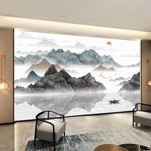 新中式5d山水画沙发壁纸中国风水墨茶室背景墙纸古风书房靠山壁布