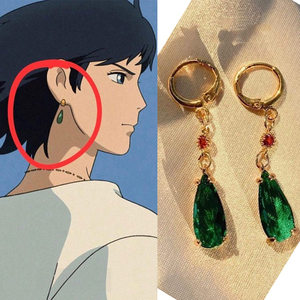 动漫哈尔的移动城堡同款耳环祖母绿复古锆石水滴耳坠无耳洞耳扣潮