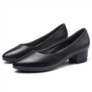 强人3515女鞋2021浅口女单鞋牛皮百搭工作鞋尖头粗跟上班鞋 黑色