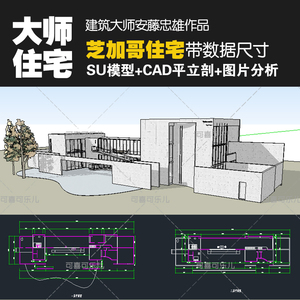 建筑大师安藤忠雄作品芝加哥住宅别墅su模型cad平立剖图纸分析