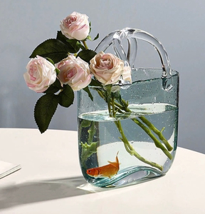 ins风创意网红高级感透明玻璃花瓶鱼缸手提包包客厅摆件水养鲜花