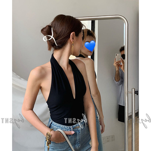 2022春夏连体衣外穿深v领挂脖性感辣妹吊带无袖设计感露背上衣女