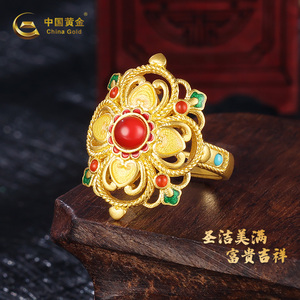 中国黄金宝相花戒指女款足金纯金女戒活口古法黄金指环可调节