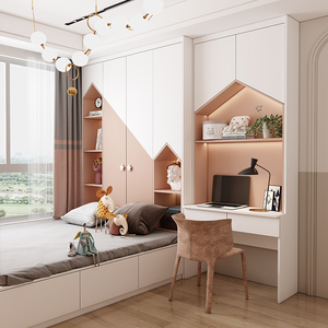 粉色儿童房女孩榻榻米衣柜全屋定制小户型书柜电脑桌一体转角衣柜