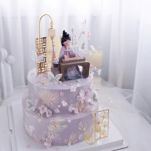 生日古筝蛋糕摆件装饰古风女孩少女亚克力刺绣蝴蝶汉服弹琴屏风