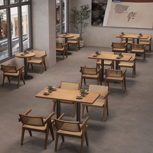 侘寂风实木西餐咖啡厅桌椅组合奶茶日料餐饮店桌子座椅子商用定制