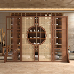 中式木质屏风藤编隔断墙移动玄关实木镂空木栅格花窗酒店茶室遮挡