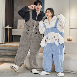 连体情侣睡衣女秋冬季珊瑚绒加绒加厚男士冬款玉桂狗法兰绒家居服