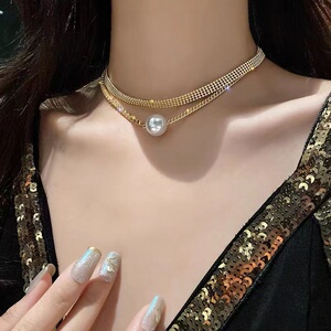 双层叠戴项链大珍珠锁骨链轻奢脖颈链女气质网红潮小众高级感吊坠