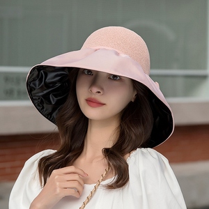 粉色渔夫帽女夏日系时尚洋气蝴蝶结遮阳防晒帽子可爱显脸小太阳帽