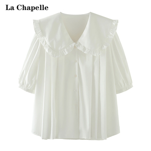 拉夏贝尔白色娃娃领衬衫女夏季新款爆款设计感五分袖上衣内搭衬衣