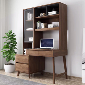 北欧书桌书柜连体组合家用简约靠墙带书架一体学习桌小户型电脑桌