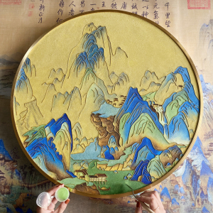 千里江山图景泰蓝掐丝珐琅画diy手工材料包圆形青山绿水装饰画