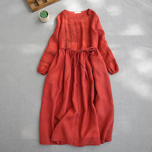 日系女装森系亚麻圆领长袖风衣外套女2023秋季红色苎麻连衣裙长袍