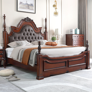 美式实木床真皮双人床主卧室婚床欧式高端复古别墅奢华大床公主床