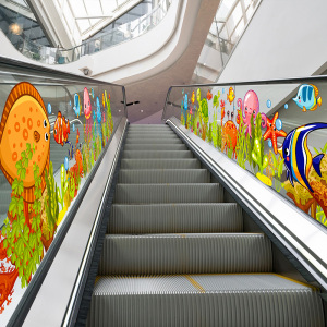 卡通海洋动物大商场自动扶梯玻璃护栏双面彩色透明静电膜装饰贴画