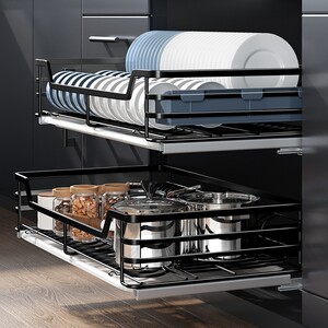 尔沫厨房拉篮双层橱柜内304不锈钢内置收纳碗架抽屉式碗篮调味碗柜