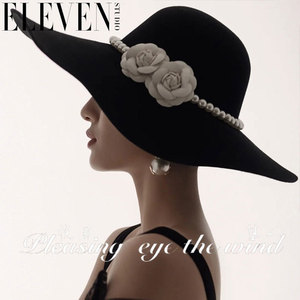 法式复古新娘小礼帽黑色大檐复古赫本风珍珠花朵优雅拍照英伦帽子
