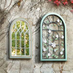 假窗户装饰仿真欧式铁艺假窗镜框圆弧窗户客厅装饰架餐厅壁景挂镜
