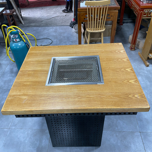 商用家用实木桌面燃气无烟自助铁板烧烤桌烤肉桌子烧烤架炉烤肉桌