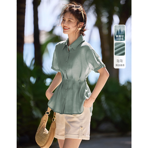 奥特莱斯品牌剪标女装收腰显瘦短袖衬衫女式夏季设计小众天丝上衣