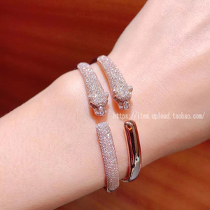 cartier/卡地亚豹头手镯18k玫瑰金满钻开口豹子情侣手镯