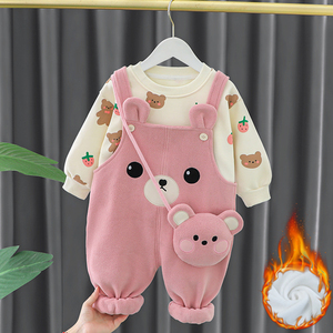 婴儿衣服冬季韩版时尚加绒背带裤外穿套装一岁男女宝宝冬装两件套