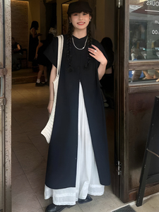 法式日系山本风黑色短袖衬衫裙子女夏季宽松设计感长款衬衣连衣裙