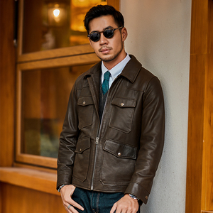 真皮皮衣男外套头层小牛皮翻领孙红雷好先生棕色复刻款多口袋猎装