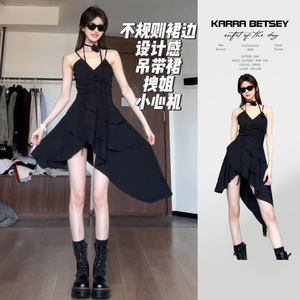 2024新款小个子法式v领黑色吊带连衣裙子女夏季设计感不规则短裙