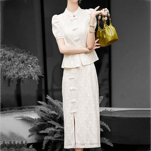 Mapping香港大牌小香风套装裙女高端立领蕾丝短袖新中式两件套