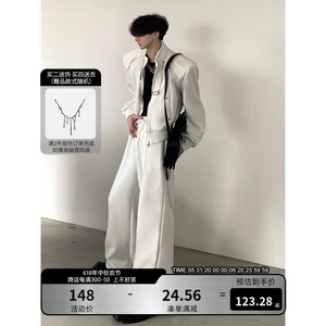 秋山风/原创小众高级设计感白色休闲运动套装男短款卫衣垫肩外套