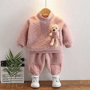 婴儿衣服冬装洋气加绒加厚羊羔绒卫衣7八9十个月一岁男女宝宝套装