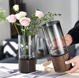 北欧轻奢玻璃花瓶摆件木托底座创意水养鲜花玫瑰餐桌客厅插花装饰