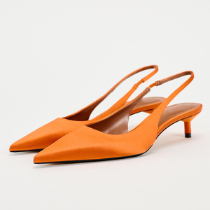 ZA女鞋2024年夏季新款橙色绸缎高跟穆勒鞋休闲尖头气质猫跟凉鞋女