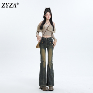 ZYZA复古高腰微喇叭牛仔裤身修显瘦马蹄裤夏季新款设计感百搭长裤
