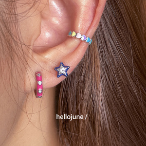 hellojune 925银粉色滴油小爱心心形浅紫锆石圆形耳扣耳圈耳环