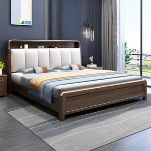 全友家私轻奢金丝檀木新中式主卧实木床1.5米1.8米双人高箱真皮软
