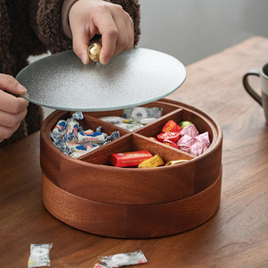 高端零食收纳干果盒分格乌檀实木圆形双层带盖客厅茶几果盘糖果盒