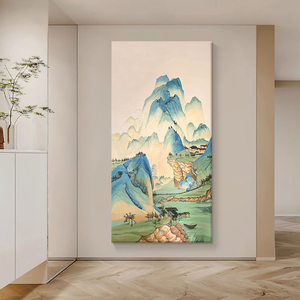 玄关千里江山图装饰挂画客厅新中式王希孟山水国画竖版纯手绘油画