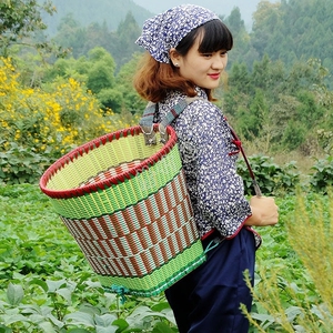 采茶叶的篮子背篓竹编家用塑料编织收纳筐竹筐成人买菜采摘背筐