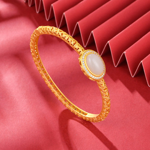 福金坊s925银镶天然和田玉掐丝工艺开口手镯国潮古风手饰