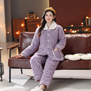 睡衣冬季女款可外穿三层女生加厚法兰绒外套夹棉珊瑚绒加棉超厚