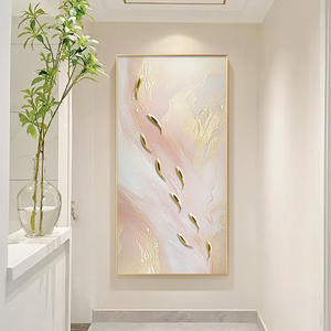 九鱼图玄关装饰画粉色抽象入户走廊过道挂画高级肌理感正对门壁画