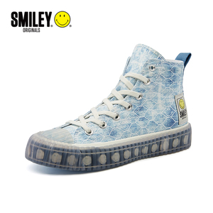 smiley originals笑脸高帮帆布鞋女蓝色透气百搭板鞋果冻底饼干鞋