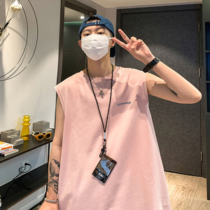 粉色老头乐背心高街男老汉衫秃袖男背心美式坎肩无袖t恤健身夏季