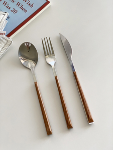 安木良品 法式餐具ins网红款西餐家用仿木纹手柄不锈钢刀叉勺子