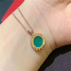 bvlgari/宝格丽圆盘项链18k玫瑰金白金镶钻满钻孔雀石项链女 耳钉